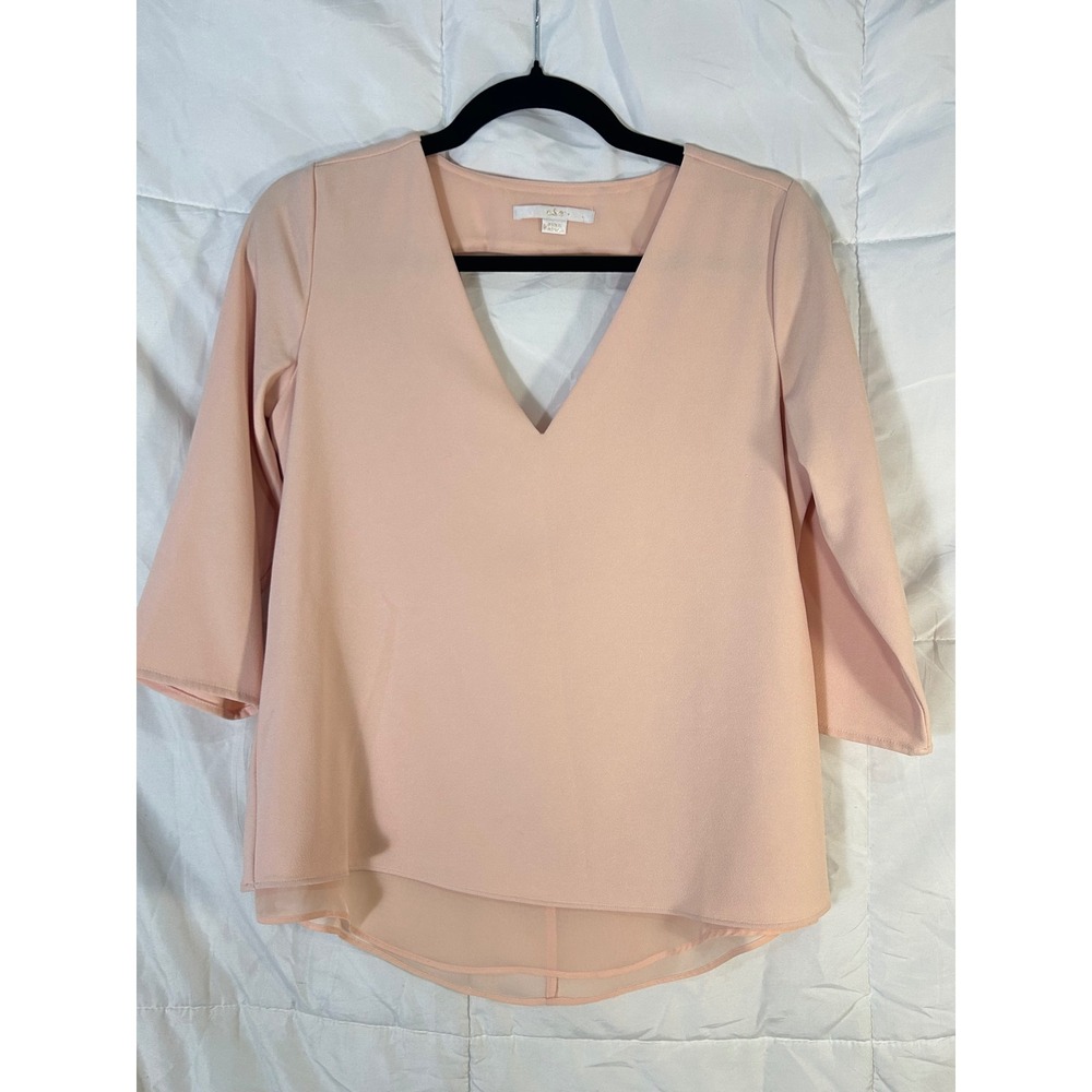 C&E Blush Pink V Neck 3/4 Sleeve High Low Sheer Hem Top‎ Blouse Size S